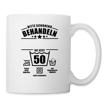 Schonend behandeln, 50. Geburtstag, Wunschname - Tasse - Weiß - Rechts