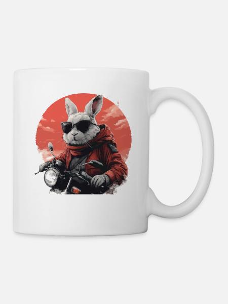 Lustiger Hase, Osterhase auf Motorrad - Tasse - Weiß