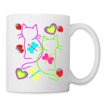 Retro Katzen Erdbeer Sommer Schmetterling Herz - Tasse - Weiß - Rechts