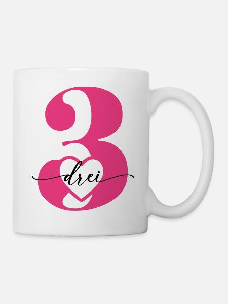 Ziffer Drei 3 mit Herz - Tasse - Weiß