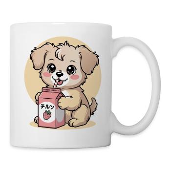 Kawaii Hund Trinkt Erdbeermilch Niedlich Japanisch - Tasse - Weiß - Rechts