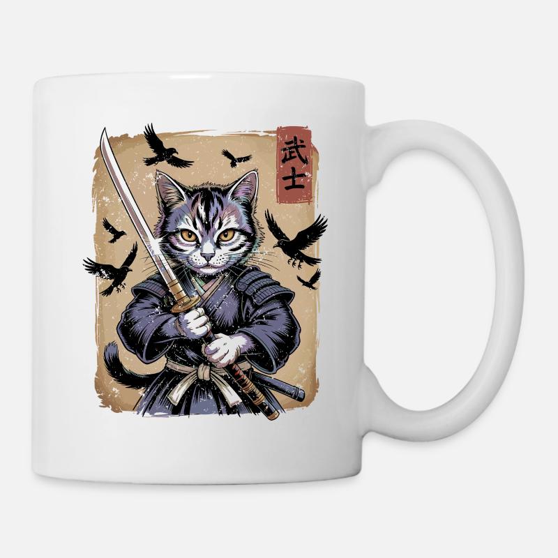 Japanische Ukiyo-e Kunst Kawaii Samurai Katze Kunst - Tasse - Weiß