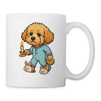 Müder Maltipoo im Pyjama mit Kerze Comicstil - Tasse - Weiß - Rechts