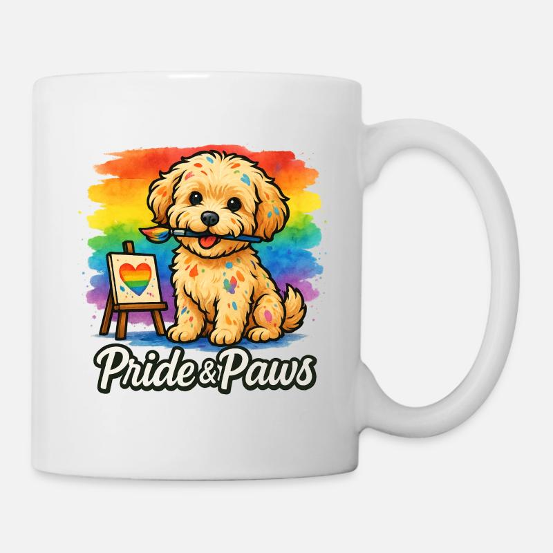 Pride & Paws – Maltipoo mit Pinsel & Regenbogen - Tasse - Weiß