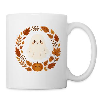 Cute Ghost in Autumn Wreath – Cozy Halloween Design - Mug - white - Right