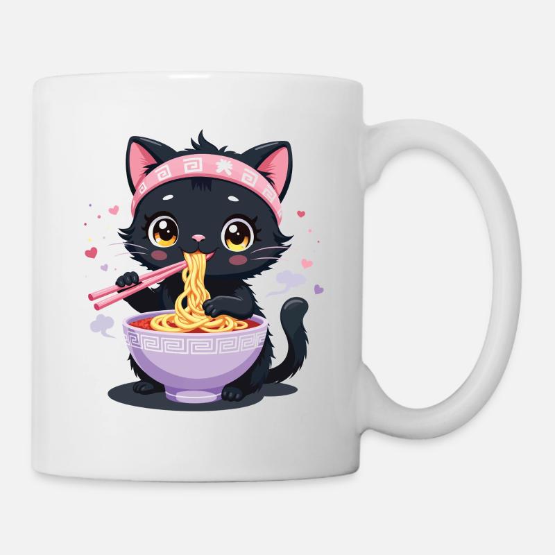 Chat noir dégustant ramen japonais - Mug blanc - blanc