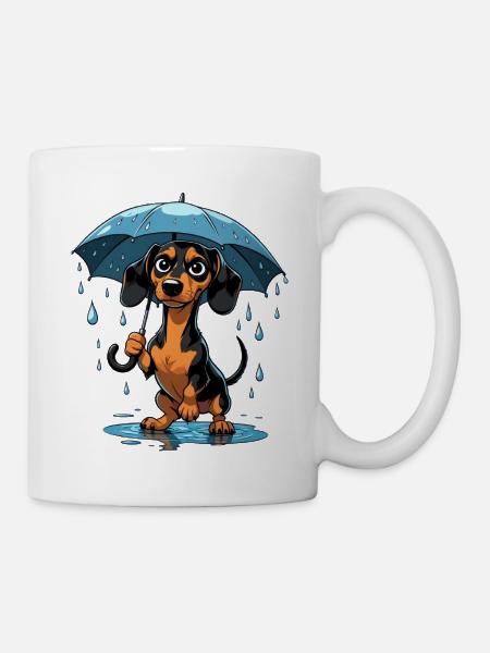 Niedliches Dackel mit Regenschirm - Tasse - Weiß