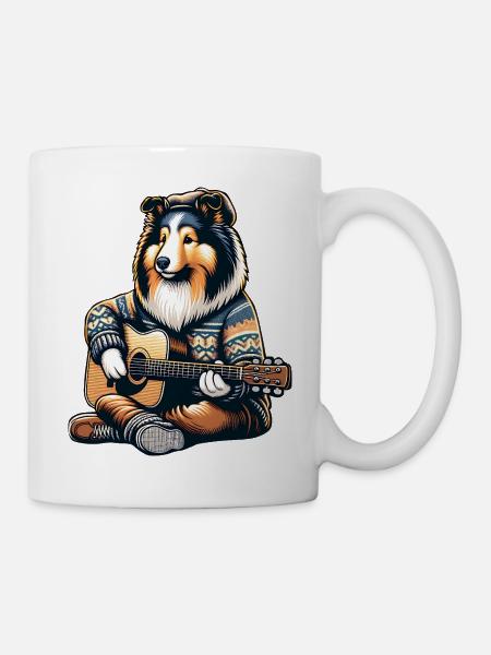 Collie avec guitare acoustique en pull tricoté - Mug blanc - blanc