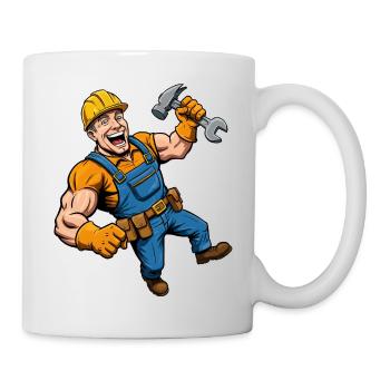 Cheerful cartoon construction worker with tools - Mug - white - Right