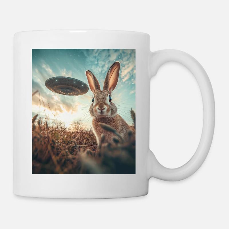 Hase Selfie mit UFO - Tasse - Weiß
