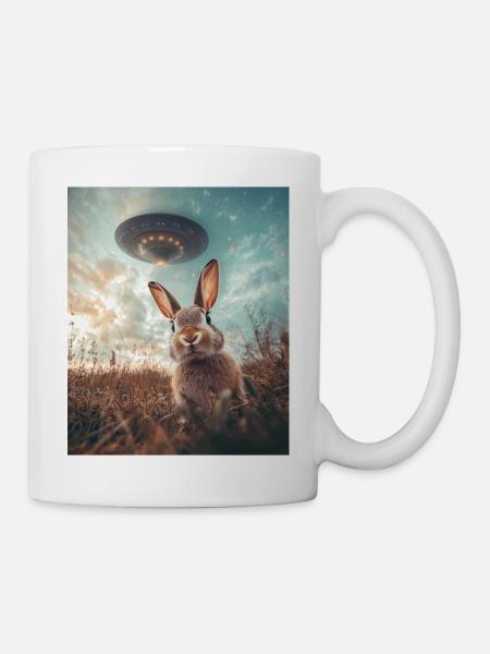 Hase Selfie mit UFO - Tasse - Weiß