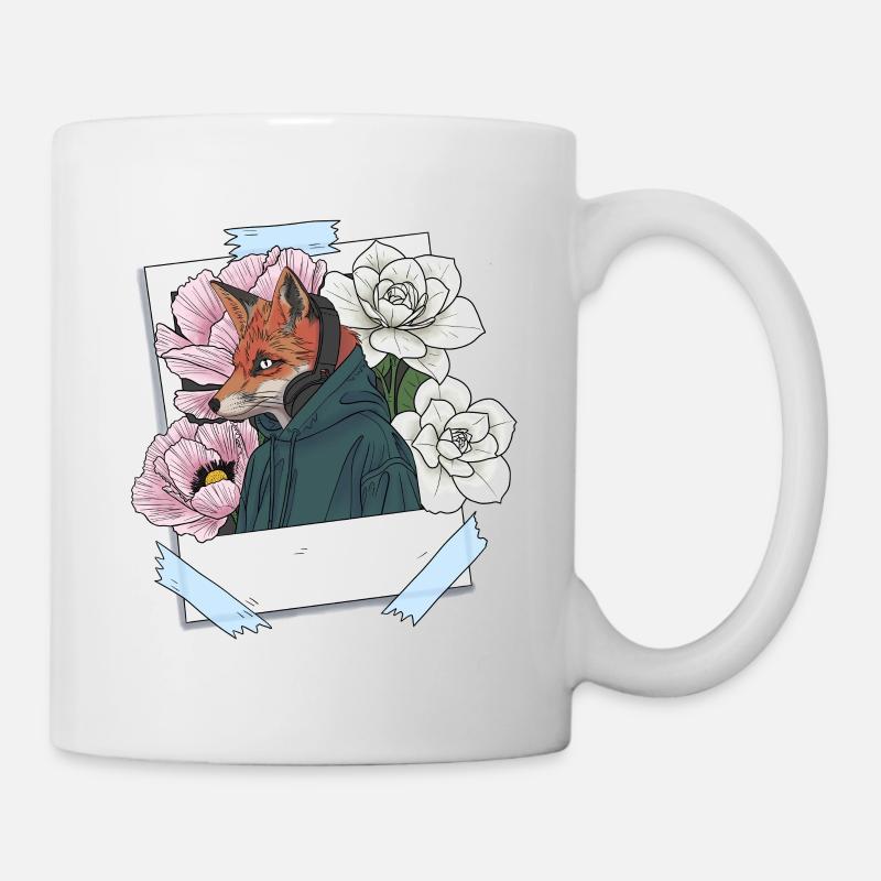 Fuchs mit Kopfhörern und Blumenthema - Tasse - Weiß