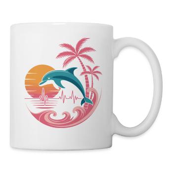 Delfin und Palmen Sonnenuntergang Design - Tasse - Weiß - Rechts