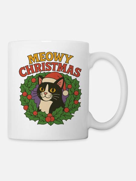 Festliches Katzen-Weihnachtskranz-Design - Tasse - Weiß