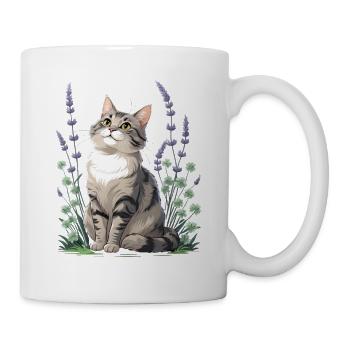Elegante Katze mit Lavendel und Klee - Tasse - Weiß - Rechts
