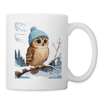 Owl with winter hat in the snowy forest - Mug - white - Right