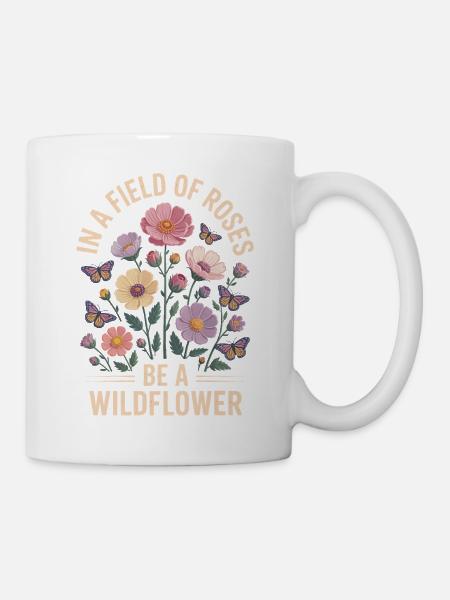 Blumenwiese mit Schmetterlingen und Wildblumen - Tasse - Weiß