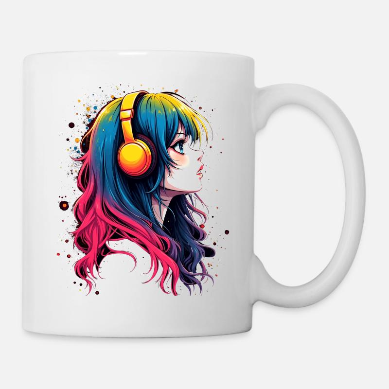 Farbiger Anime-Charakter mit Kopfhörer - Tasse - Weiß