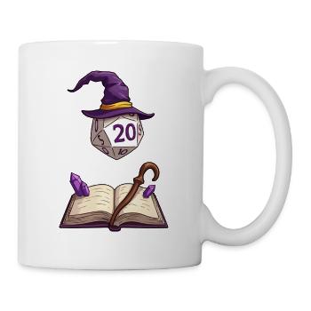 Schwebender W20 mit Zauberhut – Fantasy Dice - Tasse - Weiß - Rechts