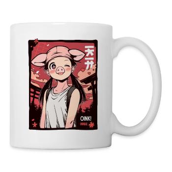 Cartoon Mädchen mit Schweine Maske auf Reisen - Tasse - Weiß - Rechts