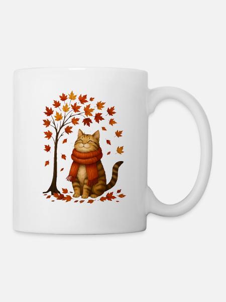 Herbstkatze mit rotem Schal - Tasse - Weiß