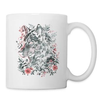 Wolf Wolfskopf Blumen Pflanzen Natur Wildnis Kunst - Tasse - Weiß - Rechts