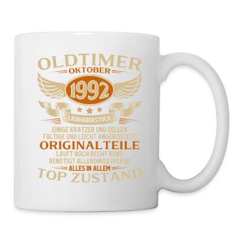 33. Geburtstag Geschenk Oldtimer Oktober 1992 - Tasse - Weiß - Rechts