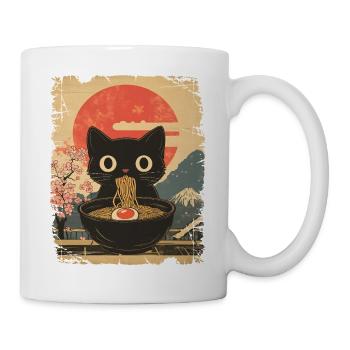 Katze isst Ramen - vintage style - Tasse - Weiß - Rechts