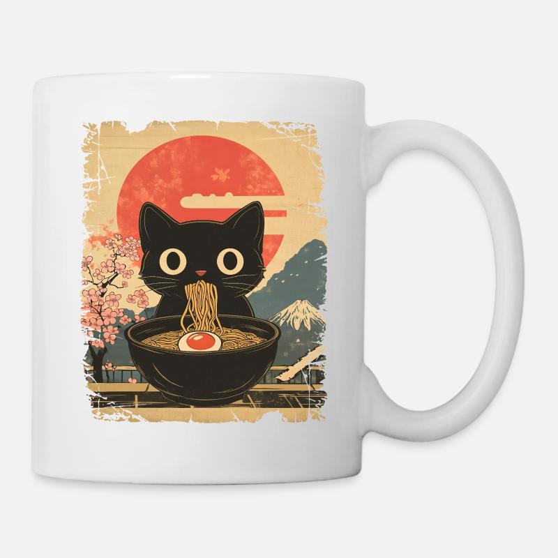 Cat Eats Ramen - style vintage - Mug blanc - blanc