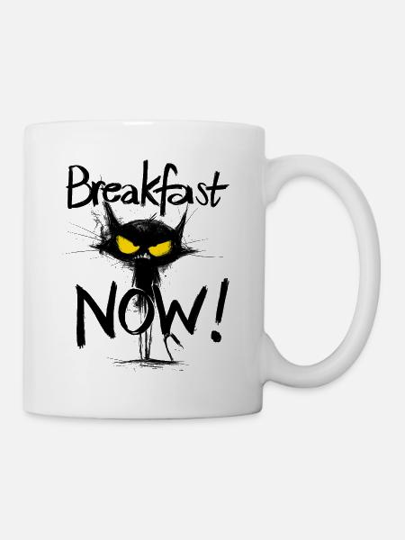 Grimmige schwarze Katze – Breakfast NOW! - Tasse - Weiß
