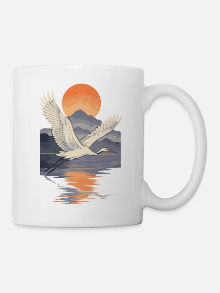 Kranich, der bei Sonnenuntergang fliegt Reflexion - Tasse - Weiß
