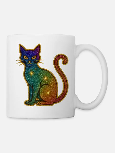 Regenbogen Glitzer Katze zu Halloween - Tasse - Weiß