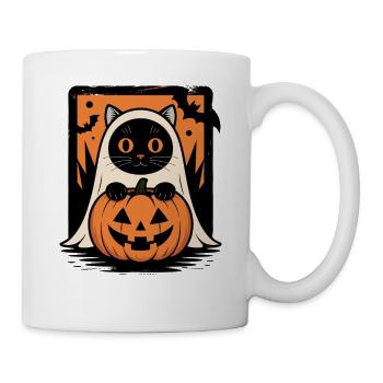 Katze Halloween Geisterkatze Mit Kürbis Fledermaus - Tasse - Weiß - Rechts