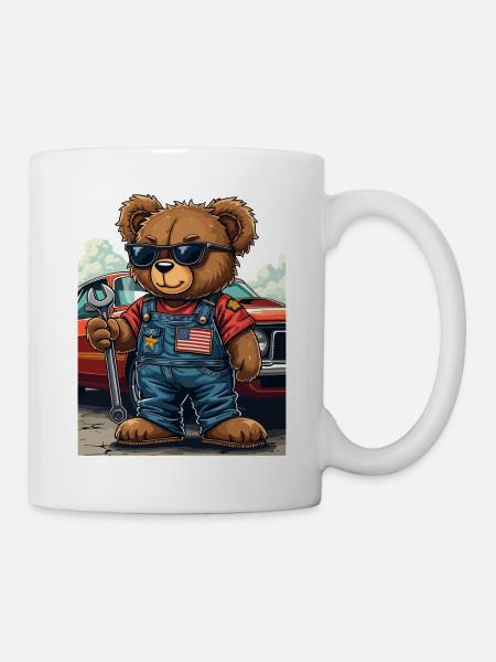 Bärenmechaniker im Musclecar - Tasse - Weiß