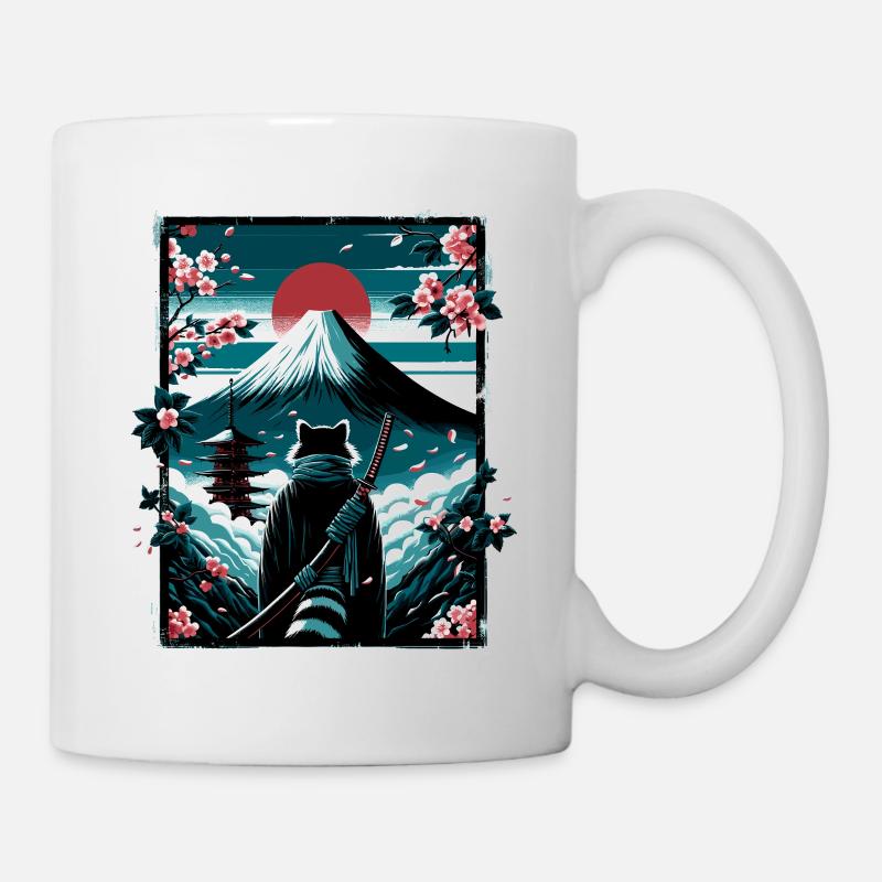 Katze mit Samurai Schwert vor Fuji - Tasse - Weiß
