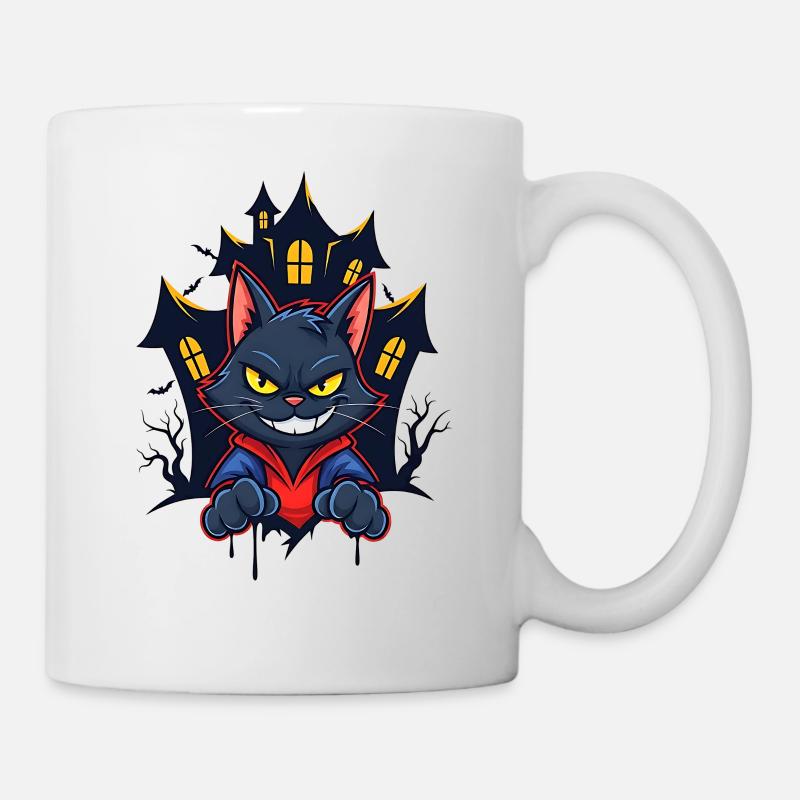 Chat souriant devant une maison hantée - Mug blanc - blanc