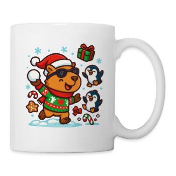 Happy Capybara with Penguins – Funny - Mug - white - Right