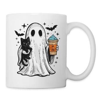 Halloween-Geist mit Katze und Kaffee - Tasse - Weiß - Rechts