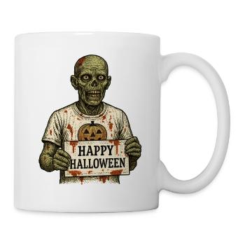 Scary zombie with Happy Halloween sign - Mug - white - Right