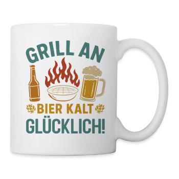 Bierfan GRILL AN BIER KALT GLÜCKLICH Lustiges - Tasse - Weiß - Rechts