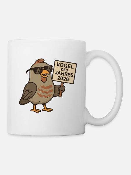 Cooles Rebhuhn – Vogel des Jahres 2026 mit Schild - Tasse - Weiß
