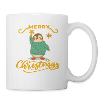 Pinguin hebt Weihnachtsstern –Merry Christmas  - Tasse - Weiß - Rechts