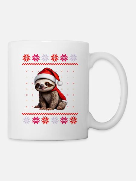 Faultier mit Weihnachtsmütze in Ugly-Muster - Tasse - Weiß