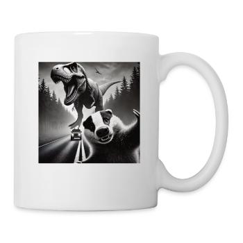 Dachs  trifft Dino auf düsterer Landstraße - Tasse - Weiß - Rechts