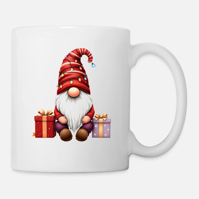 Weihnachtswichtel Mit Lichterkette Und Päckchen - Tasse - Weiß