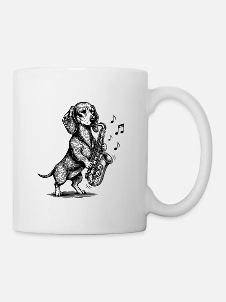 Musik Hund Saxophon Dackel Kunst - Tasse - Weiß