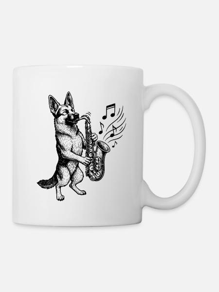 Saxophon Deutscher Schäferhund Kunst - Tasse - Weiß