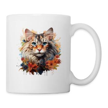 Chat Maine Coon - Portrait d’art avec des fleurs - Mug blanc - blanc - Droite