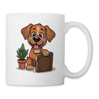 Kleiner Hund mit Buch und Pflanze - Tasse - Weiß - Rechts