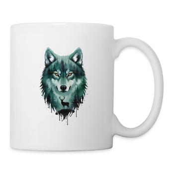 Wolf Wald Hirsch Doppelbelichtung Street Art - Tasse - Weiß - Rechts